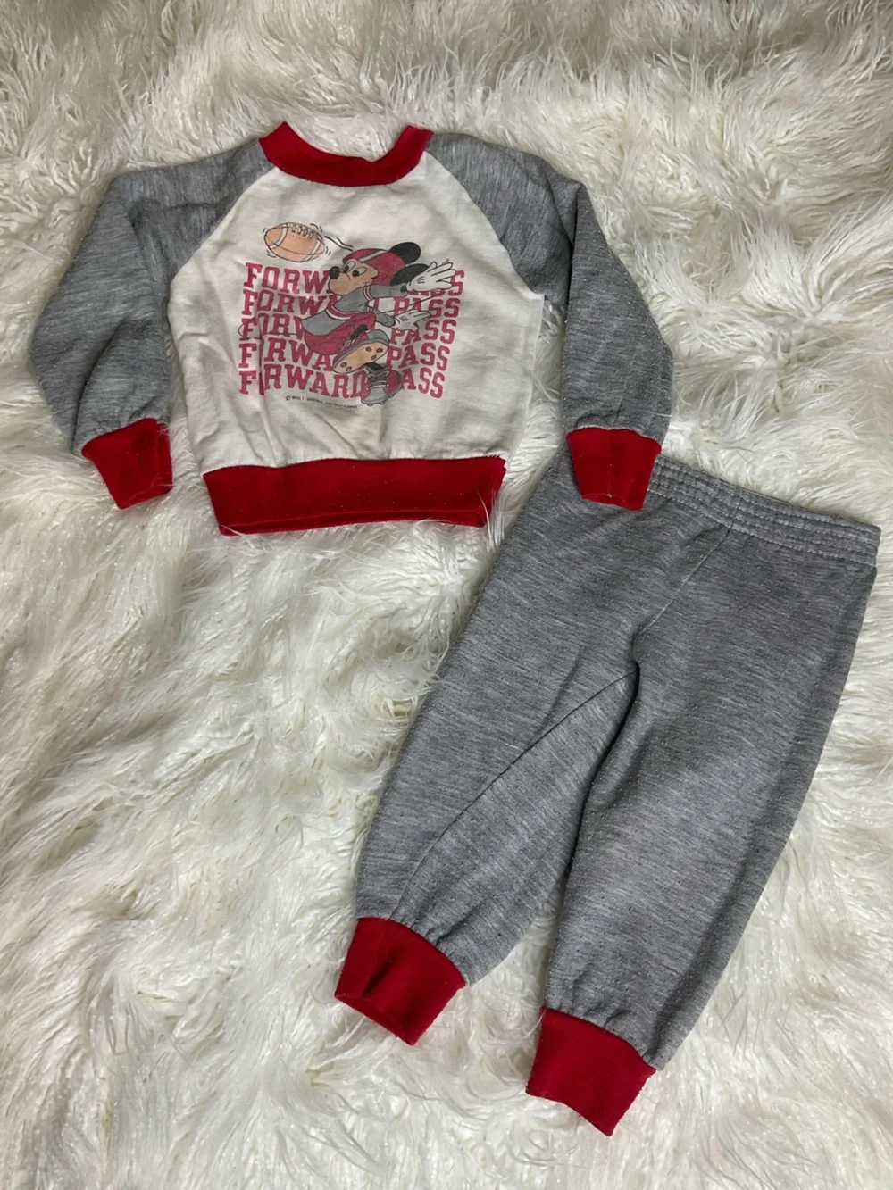 VTG Disney Mickey Mouse Football Raglan Sweatshirt Pants Set Toddler Track Suit